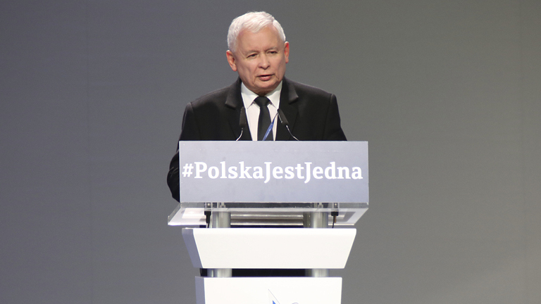 Der Vorsitzende der polnischen Regierungspartei, Kaczynski, bei einer Rede