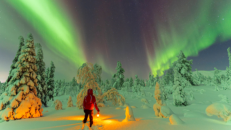 Im Pallas-Yllastunturi Nationalpark in Lappland in Finnland steht einer Person und hält eine Lampe in der Hand. Sie blickt Richtung Schneelandschaft, am Himmel sind Polarlichter zu sehen (19.12.2022)