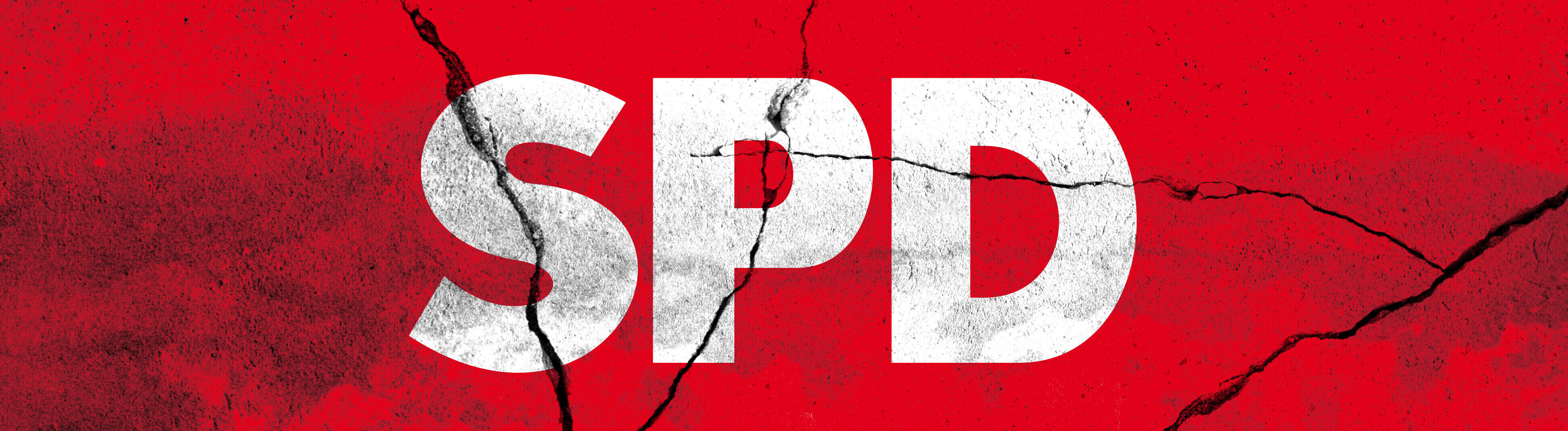 SPD steht in weißen Großbuchstaben auf einem roten Hintergrund, der Sprünge aufweist