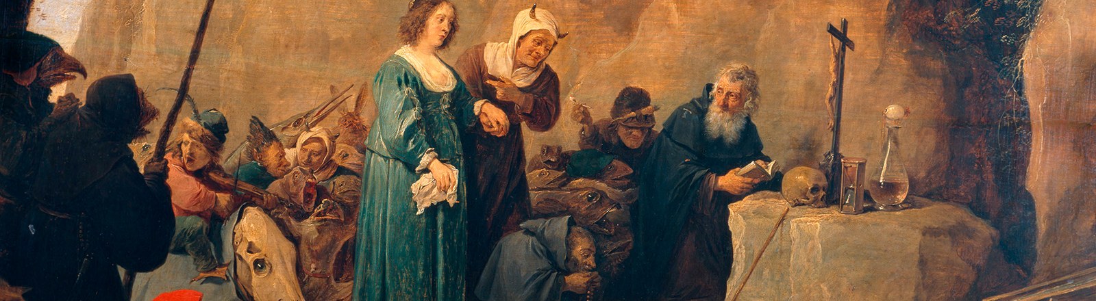 Das Ölgemälde "Die Versuchung des Heiligen Antonius in der Felsengrotte" aus dem 17. Jahrhundert zeigt den Mönch Antonius in einer Höhle, hinter ihm stehen Menschen und Phantasiegestalten, die ihn scheinbar bedrängen.