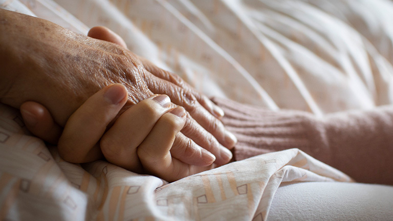 Die Hand einer jüngeren Person hält die Hand einer älteren Person.