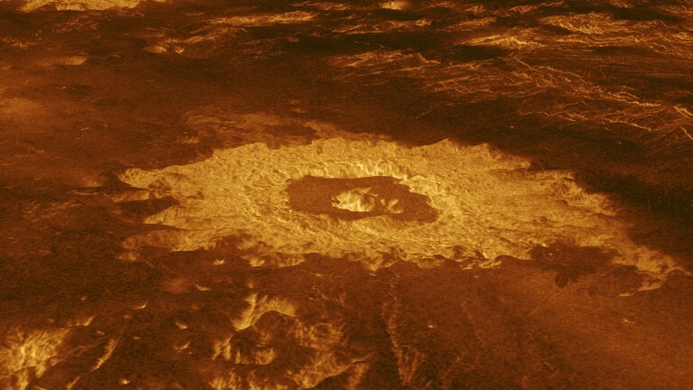 Three impact craters are displayed in this three-dimensional perspective view of the surface of Venus taken by NASA's Magellan