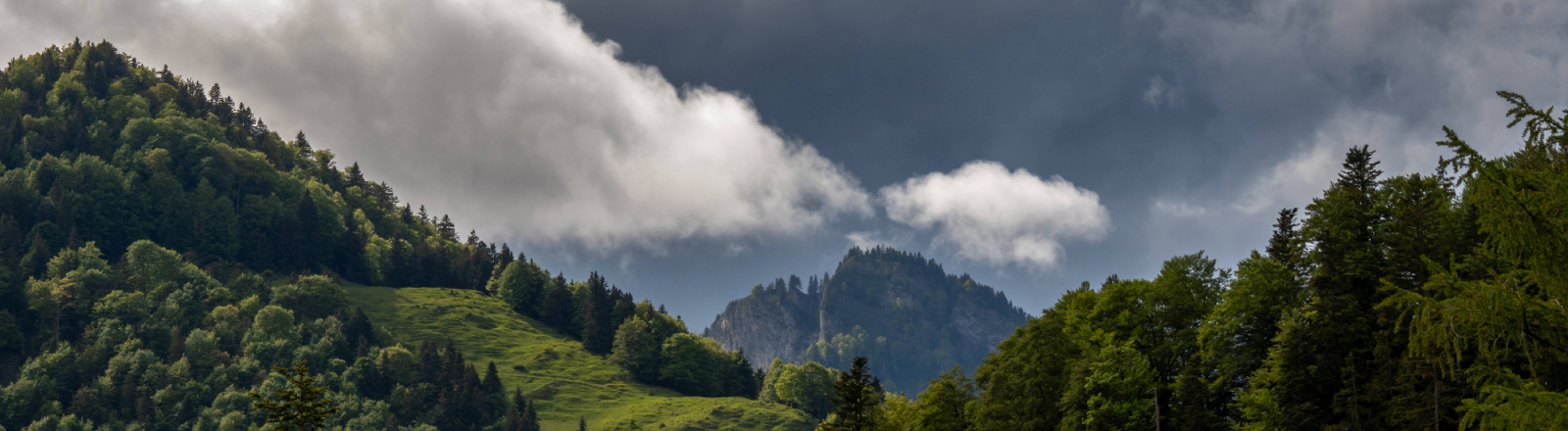 Hinter bewaldeten Bergen ziehen dunkle Gewitterwolken auf, es wirkt dramatisch.