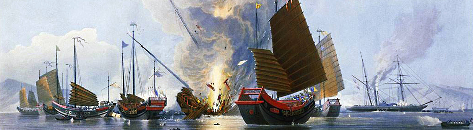 Gemälde, auf dem die Schlacht von Chuenpi im Jahr 1839 zwischen britischen und chinesischen Streitkräften während des Ersten Opiumkriegs abgebildet ist..
