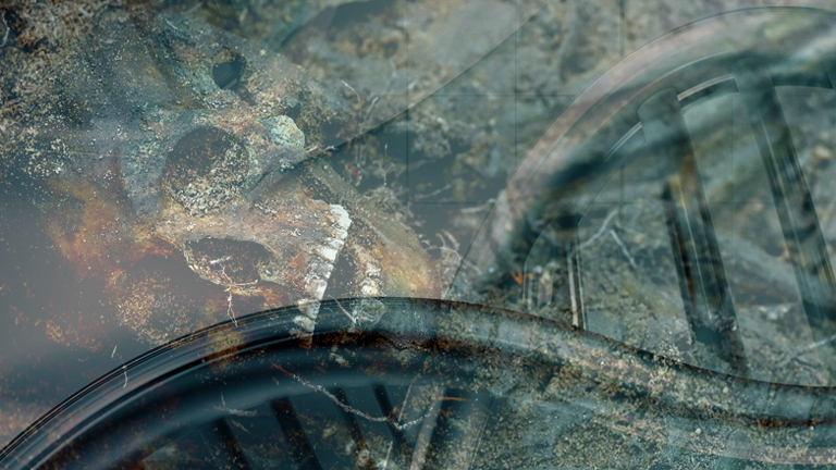 Skelette im Erdboden / Im Stadtteil St. Johannis in Nürnberg wurde einer der größten Pestfriedhöfe Europas entdeckt. (Aufnahme vom 23.02.2024) / DNA-Stränge auf abstraktem medizinischen Hintergrund (Collage DLF Nova)