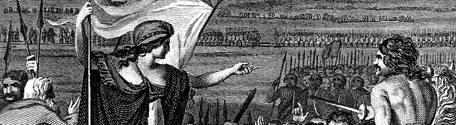 Kupferstich von 1824: Boudicca (Boadicea), britische Königin der Iceni im 1. Jahrhundert, steht in ihrem Streitwagen mit ihren weinenden, entehrten Töchtern, die von den Römern vergewaltigt wurden, und hält eine Ansprache an ihre Truppen. Schließlich von den Römern überwältigt, soll Boudicca Gift genommen haben.