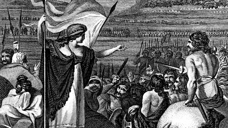 Kupferstich von 1824: Boudicca (Boadicea), britische Königin der Iceni im 1. Jahrhundert, steht in ihrem Streitwagen mit ihren weinenden, entehrten Töchtern, die von den Römern vergewaltigt wurden, und hält eine Ansprache an ihre Truppen. Schließlich von den Römern überwältigt, soll Boudicca Gift genommen haben.