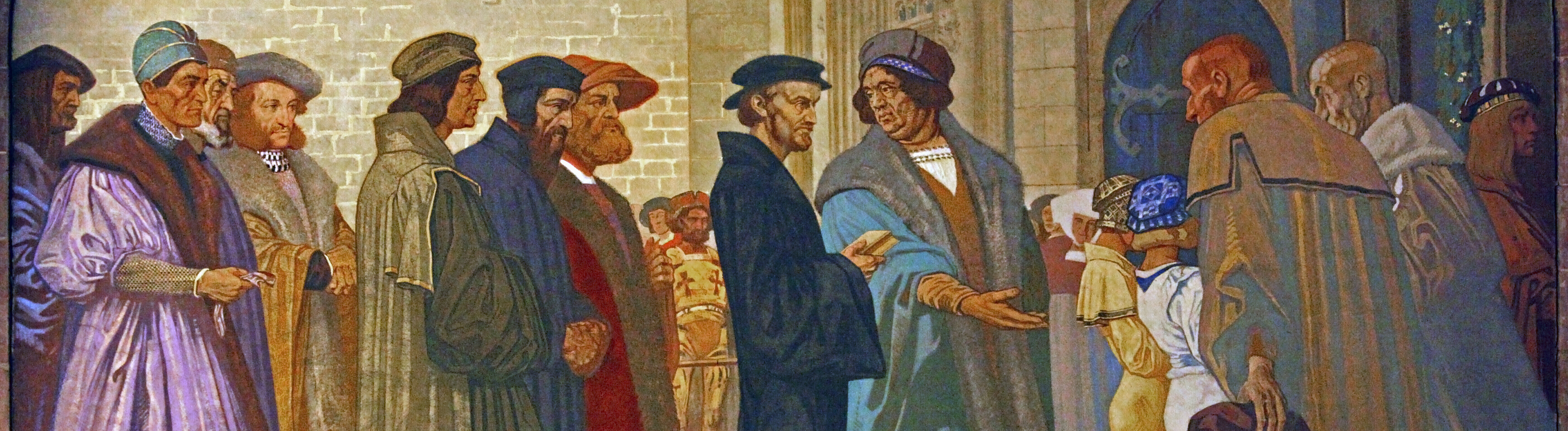 Eröffnung der "Oberen Schule" im Ägidien-Kloster in Nürnberg am 23.05.1526, jetzt Melanchthon-Gymnasium Nürnberg // Melanchthon (schwarzes Gewand) begibt sich mit dem Ratsherren Willibald Pirkheimer (türkisfarbener Mantel mit Pelzkragen) zur Eröffnungsfeier. Ihnen folgen: Eoban Hesse, Joachim Camerarius, Justus Jonas, Lazarus Spengler, Hieronymus Baumgartner und Albrecht Dürer. (Wandmalerei in der Gedächtnishalle von Prof. August Groh, Melanchthon-Haus, Melanchthon-Museum, Bretten, Kraichgau, Deutschland, Baden-Württemberg)