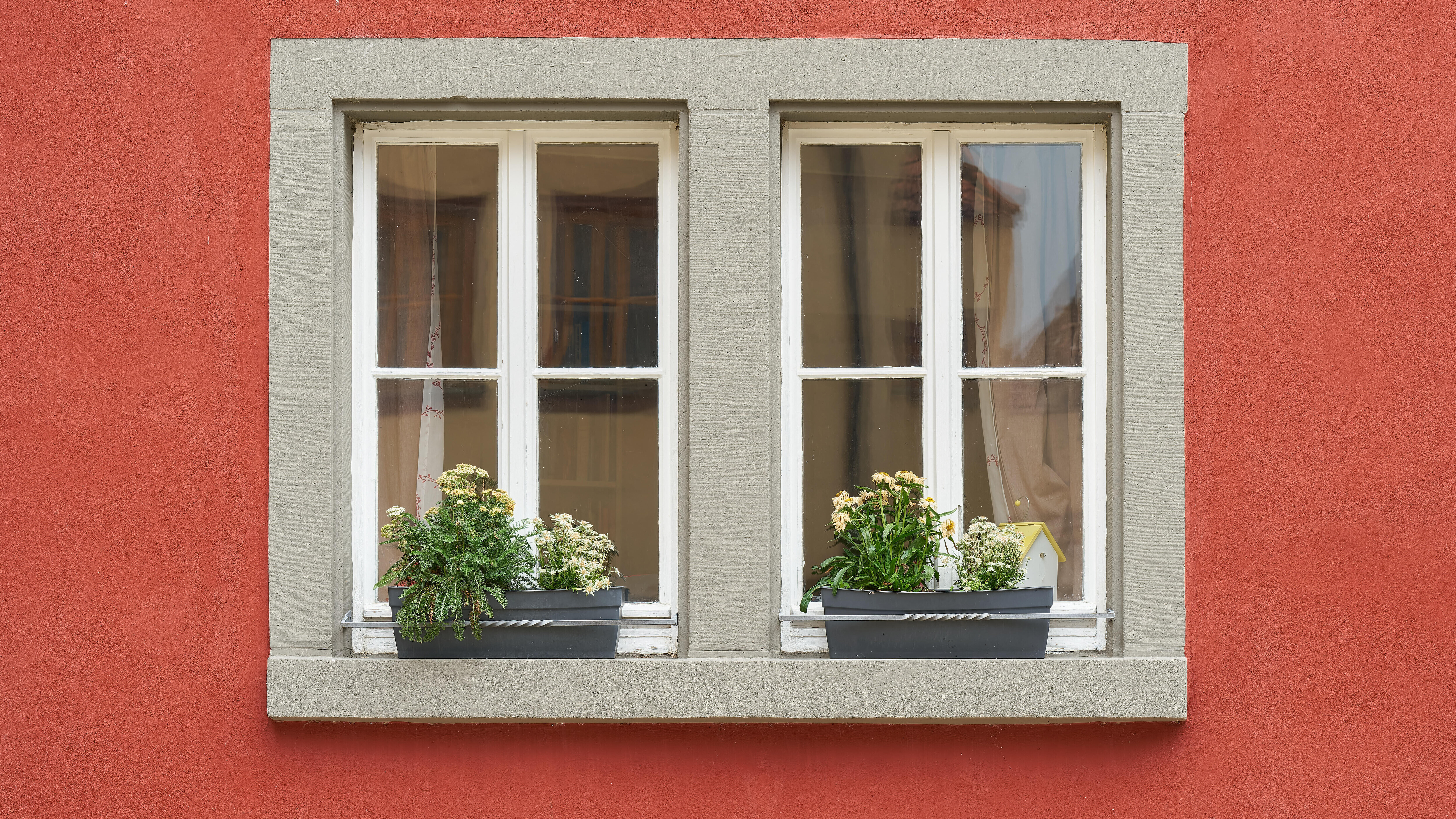 Fenster eines roten Hauses mit Blumen auf dem Fensterbrett