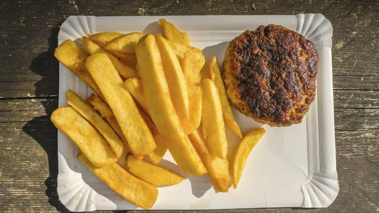 Pommes (links), Frikadelle (rechts) auf einem Imbiss-Pappteller.