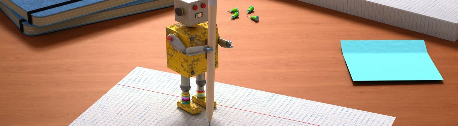 Ein Roboter, der mit einem Stift eine Blume auf ein Blatt malt