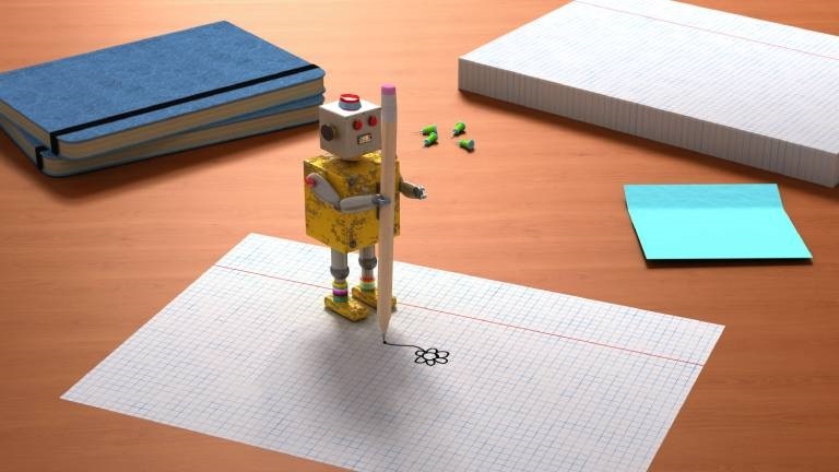 Ein Roboter, der mit einem Stift eine Blume auf ein Blatt malt