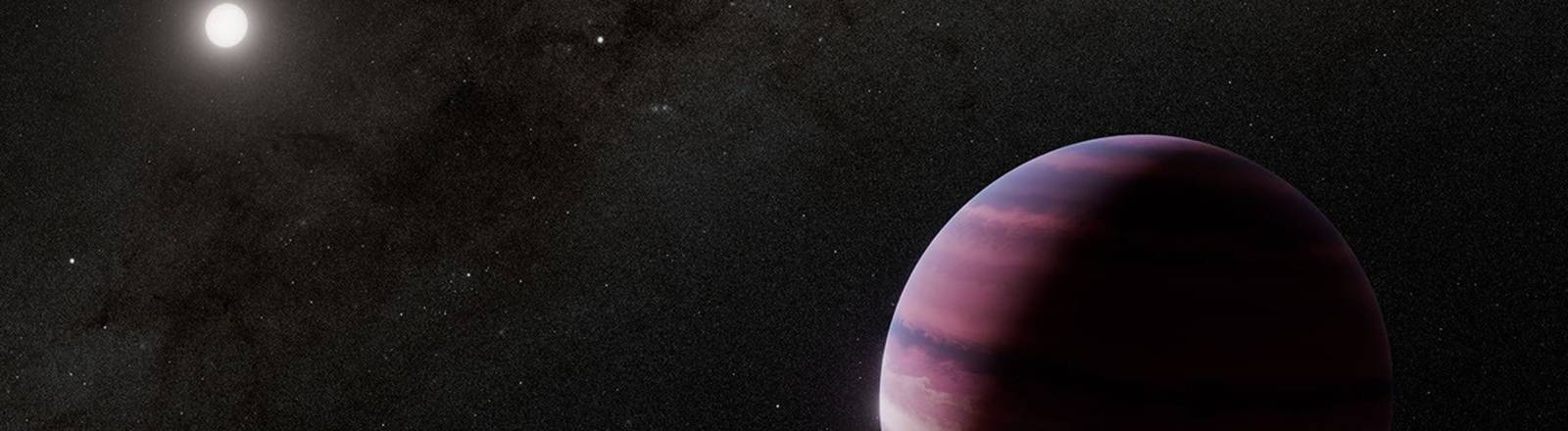 Proxima Centauri ist ein Stern außerhalb unseres Sonnensystems, der von drei Planeten umkreist wird. Die grafische Darstellung zeigt einen kleinen, hellen, leuchtenden Stern, der einen violetten Planeten anstrahlt.