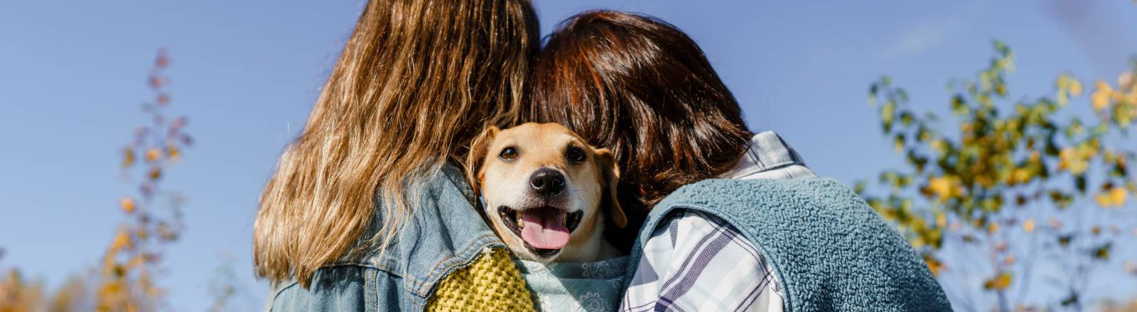 Zwei Frauen umarmen sich und einen Hund