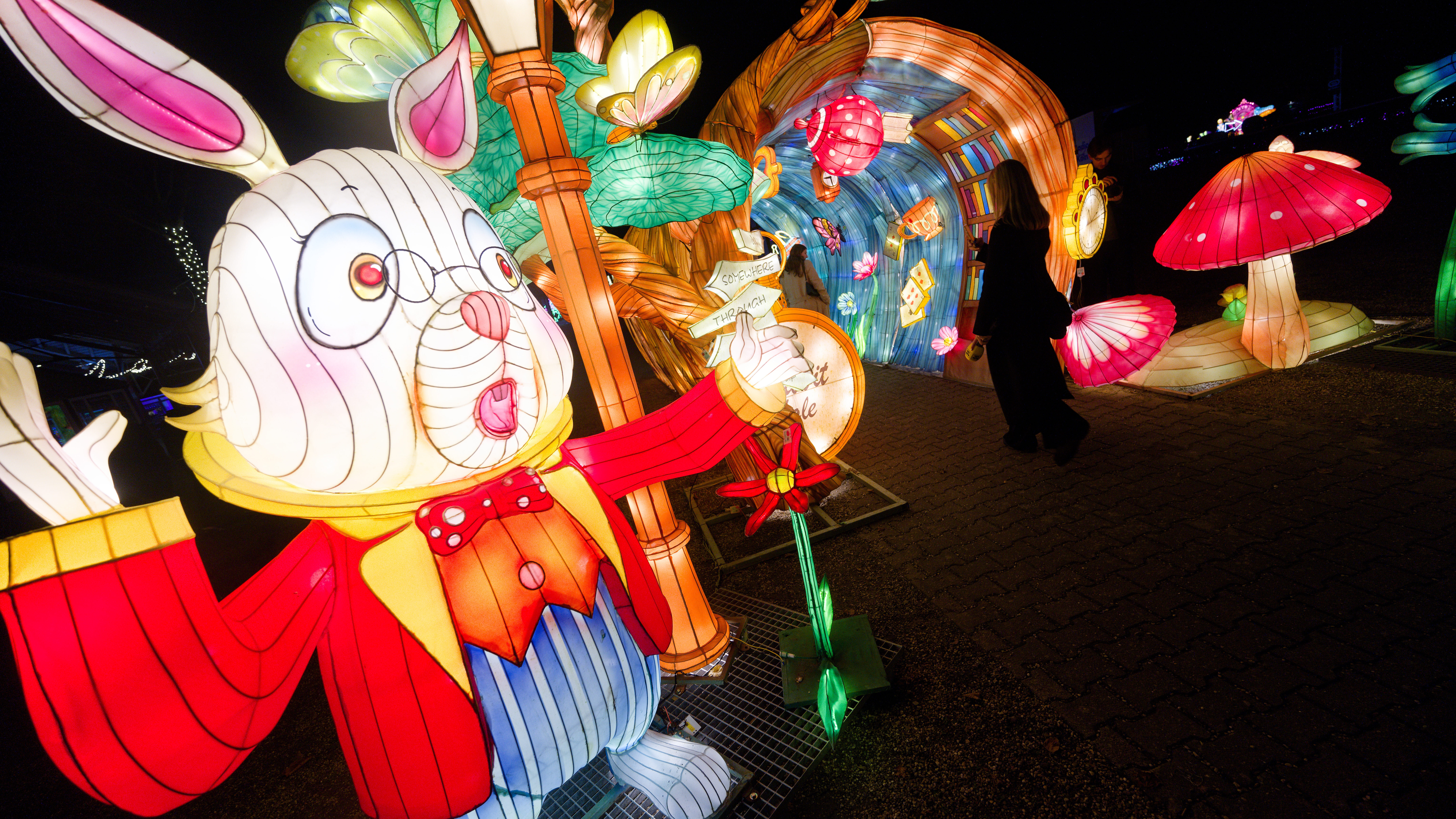 Besucher gehen im "Garden of Light" durch die "Rabbit Hole". Die Lichtsintallationen auf der Kölner Galopprennbahn stehen unter dem Motto "Alice im Wunderland".