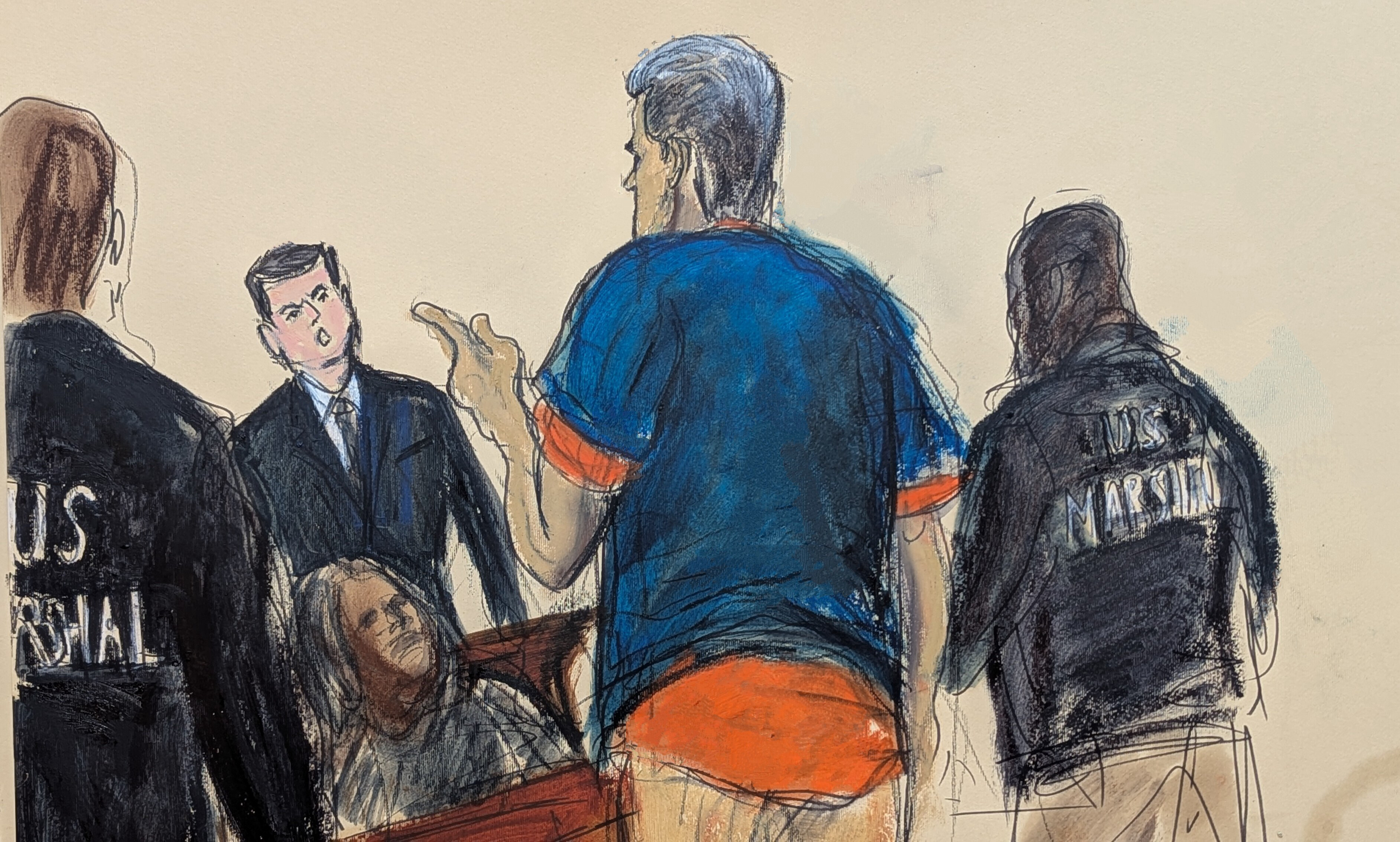 Gerichtszeichnung des venezolanischen Präsidenten Nicolás Maduro (Mitte), wie er auf einen Zuschauer nach seiner Anklageverlesung am Montag, dem 5. Januar 2026, vor dem Bundesgericht in Manhattan, New York, reagiert