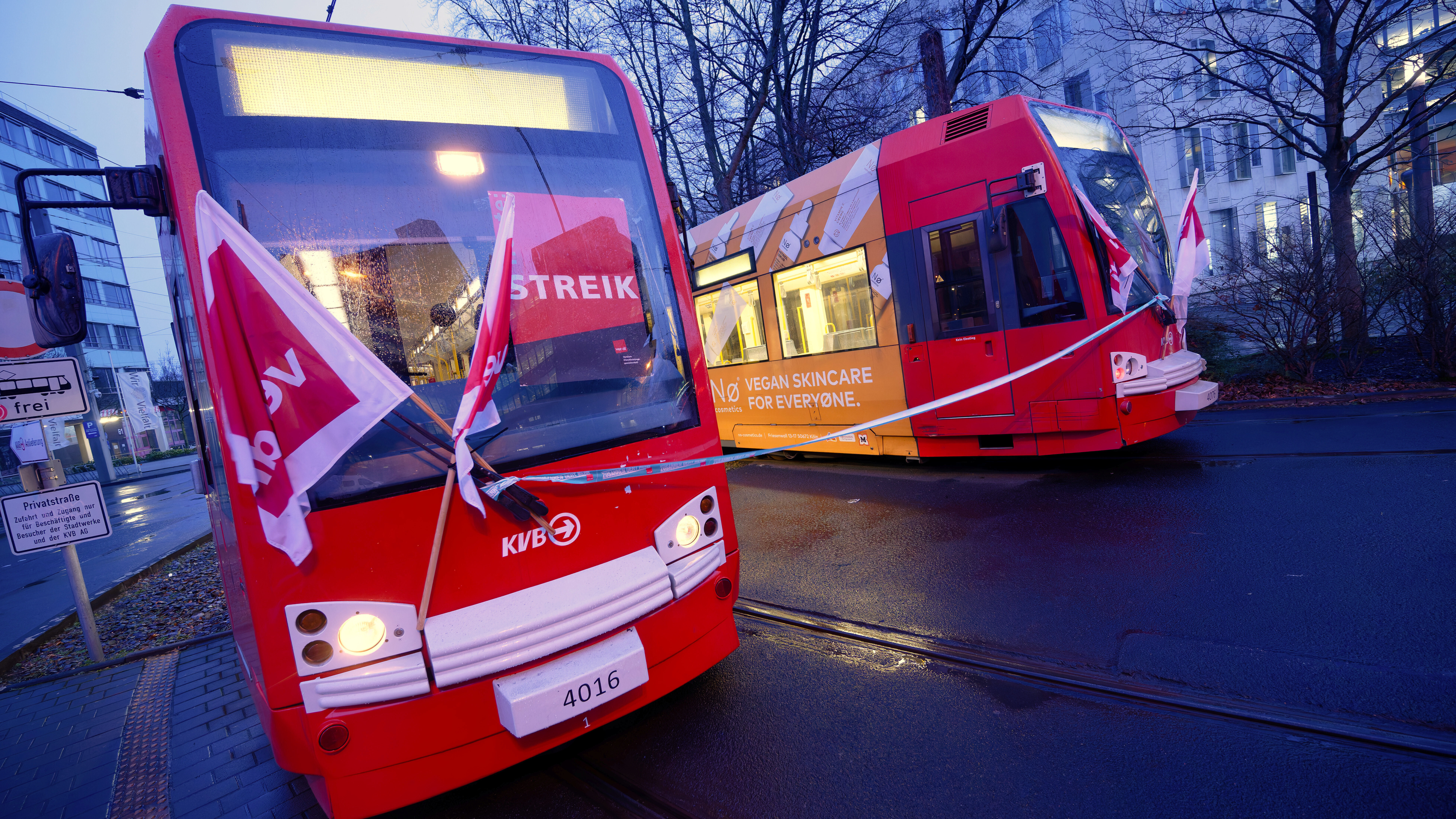 Verdi-Fahnen sind an den Frontscheiben zweier nebeneinander stehenden Straßenbahnen angebracht (Köln, 02.02.2026)