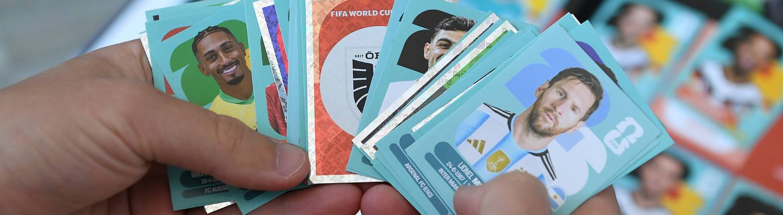 Eine Person hält Panini-Sticker in den Händen