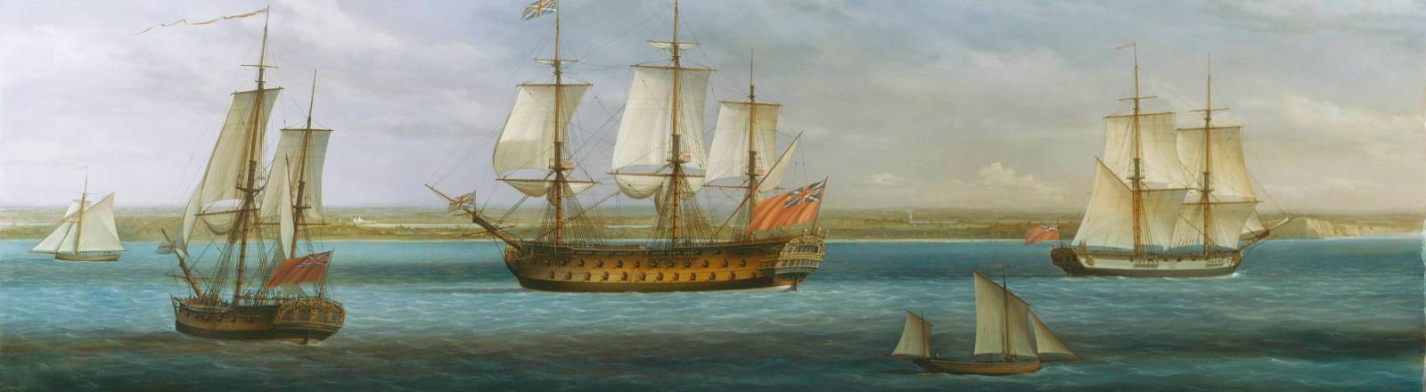 Das Gemälde von 1758 zeigt das britische Schiff Royal William und andere Segelschiffe in Peconic Bay, Long Island, Nordamerika.