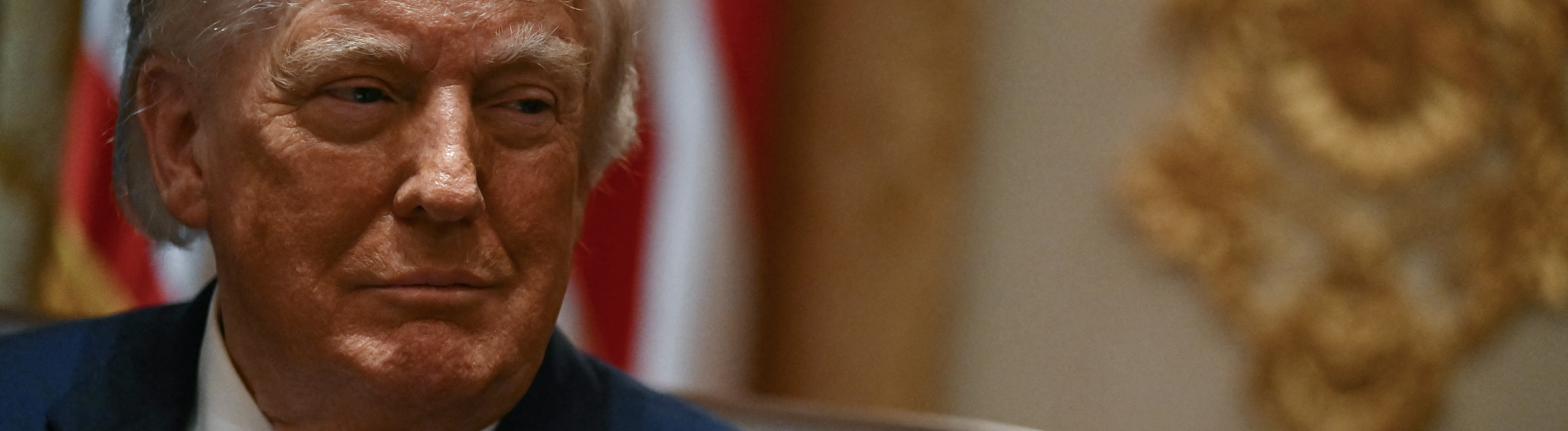 Portrait von Donald Trump vor einer US-Flagge, er zeigt mit dem Finger nach rechts
