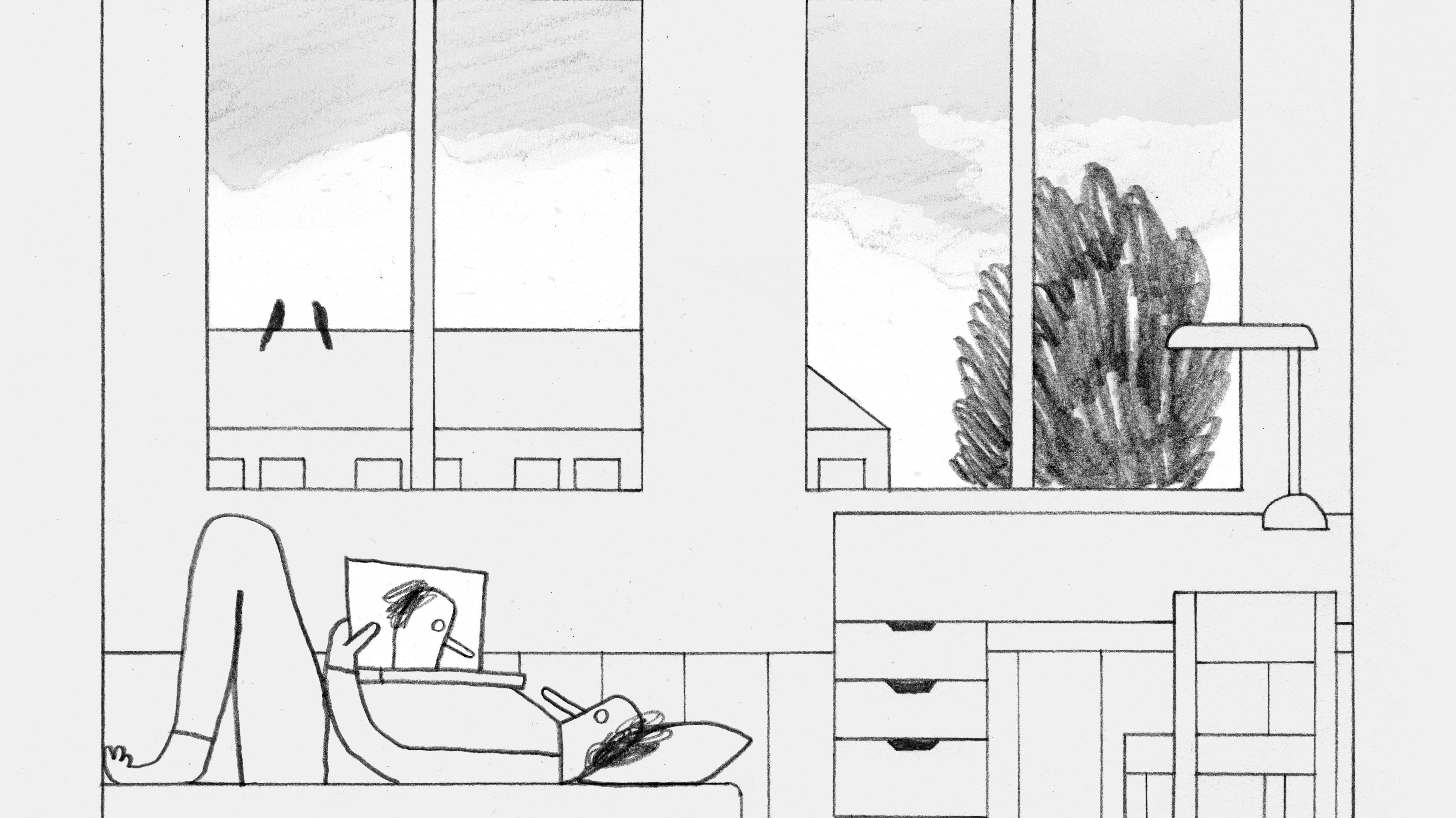 Eine Zeichnung von Paula Kempker: Eine Person liegt in einem Zimmer auf dem Bett und schaut auf den Bildschirm eines Laptops.