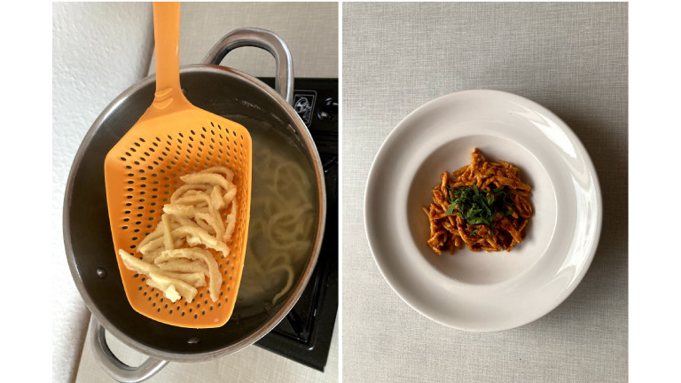 So haben sie die richtige Größe und Form und so sehen sie mit der Sauce aus: Christians Chili-Erdnuss-Spätzle