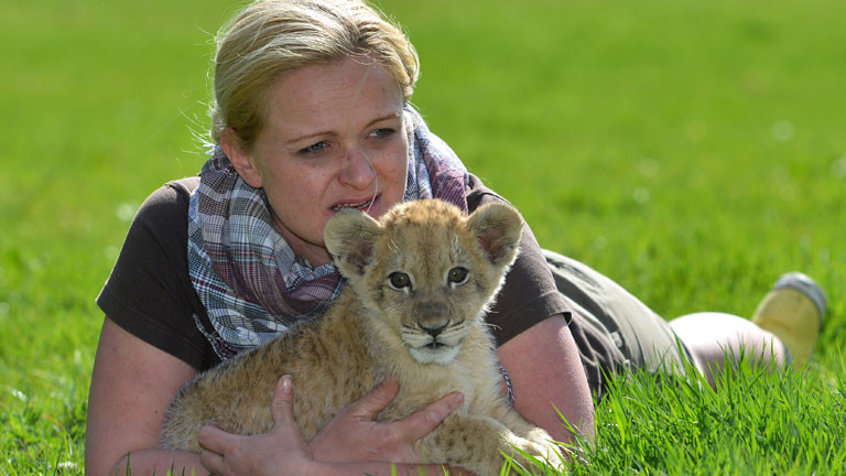 Löwenbaby Malor mit Zoodirektorin Isabelle Wallpott