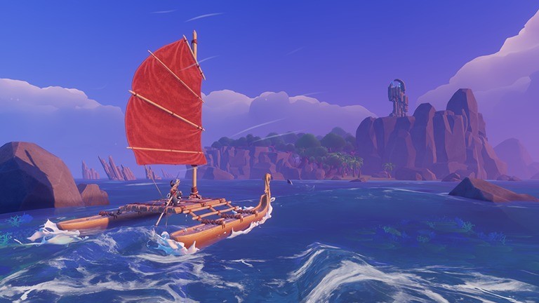 Screenshot aus dem Game Windbound: Kriegerin Kara segelt auf ihrem Schilfboot von Insel zu Insel.