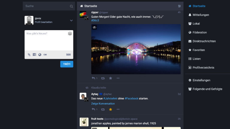 Eine dezentrale Twitter-Alternative im "Fediverse" ist Mastodon - hier Moritz neuer Privataccount auf der Instanz chaos.social