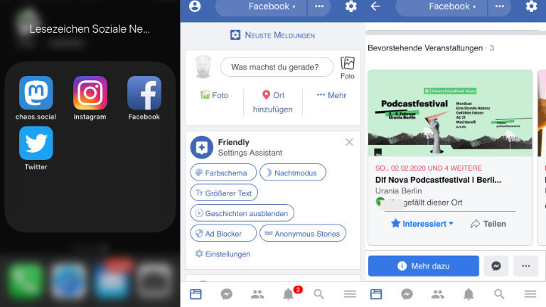Weg mit dem App-Ballast! Wer auf die von Facebook noch nicht ganz verzichten will, kann es auch mit dem Smartphone-Browser bedienen - bei allen sozialen Netzwerken lassen sich auch App-ähnliche Lesezeichen auf dem Handy-Desktop erstellen. "Wrapper"-Apps wie Friend.ly schaffen es auch, die im Mobilbrowser ausgeblendeten Facebook-Nachrichten anzuzeigen