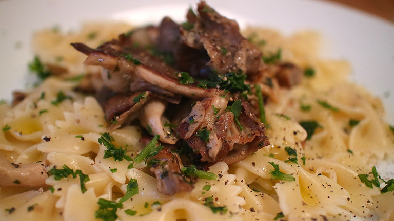 Selbstgezüchtete Pilze auf Pasta mit Petersilie und Pfeffer