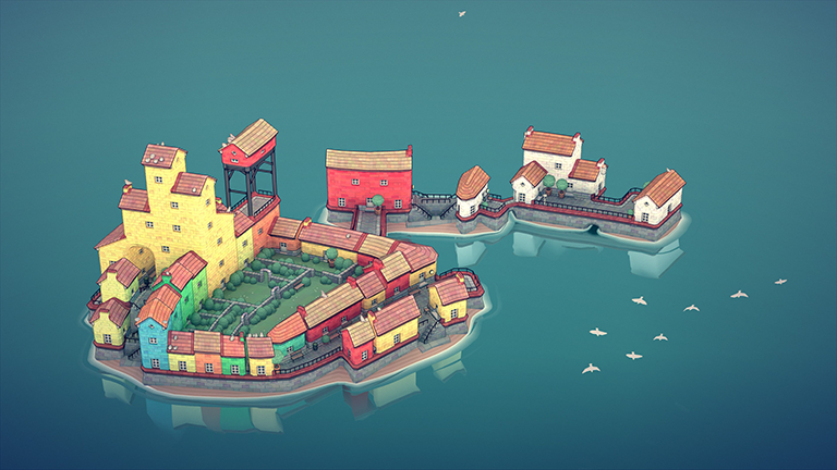 Screenshot aus dem Game Townscaper von Oskar Stålberg: ein Städtchen mitten im Meer.