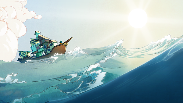 Zeichnung eines Hausbootes auf dem Meer - Key Art des Games "Spiritfarer" von Thunder Lotus Games