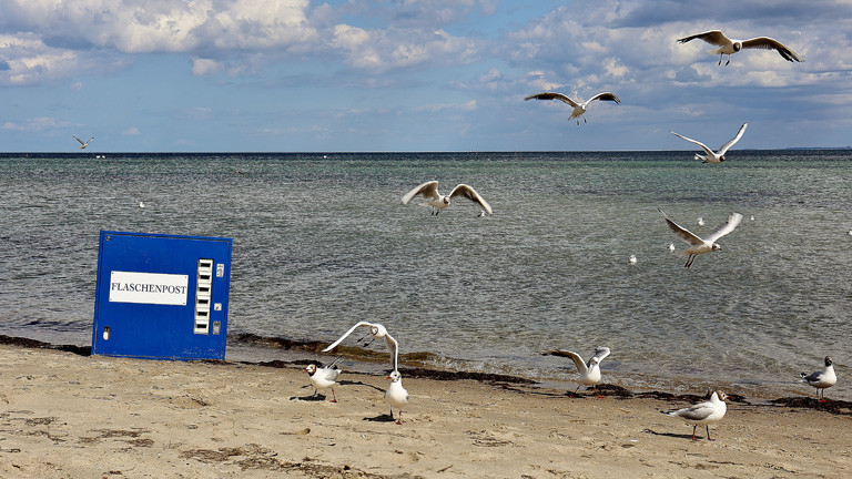 Am Strand fliegen Möwen. Fast am Wasser liegt eine blauer Automat auf dem steht Flaschenpost.