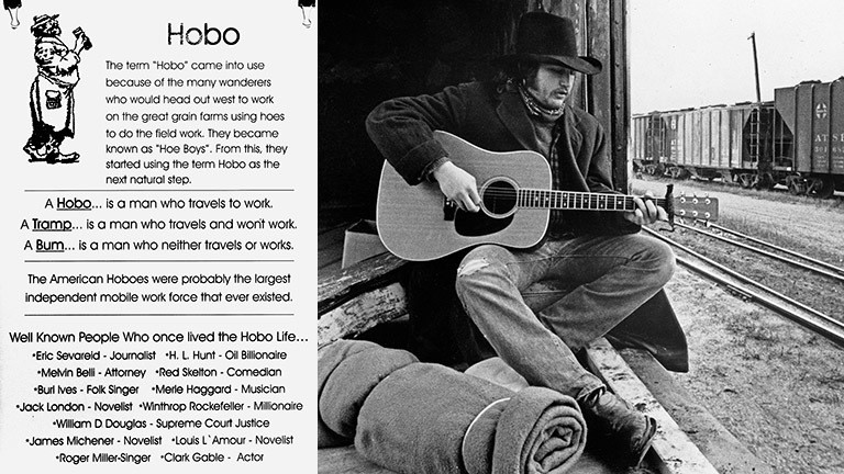 Eine Tafel im Foyer des National Hobo Museums und ein Gitarre spielender Hobo auf einem Güterzug.