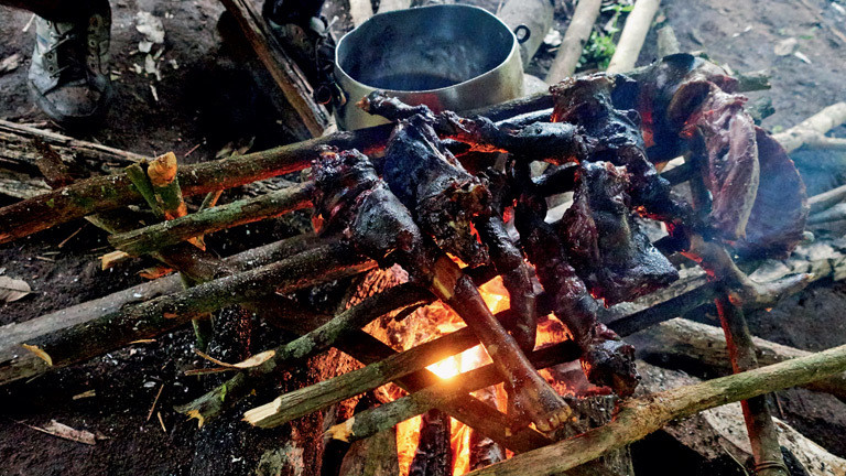 Tenharim-Krieger Mahlzeit im Wald.