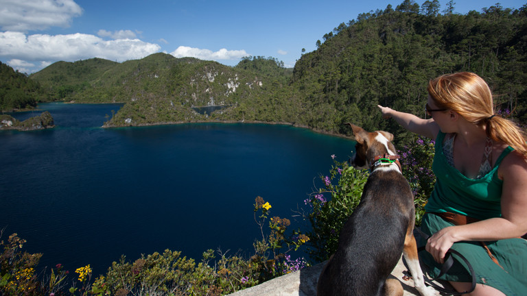 Frau mit einem Hund an einem See