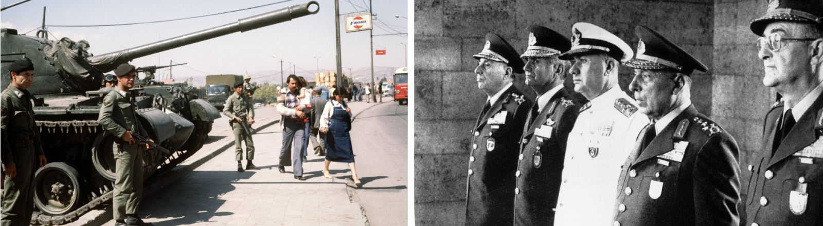 Panzer an einer Straße in den Tagen nach dem Putsch und Mitglieder der neuen Militärführung bei einer Kranzniederlegung am Grab von Kemal Atatürk in Ankara; v.l. Generäle Nurettin Ersin, Tahsin Sahinkaya, Admiral Nejat Tümer, Selat Celasum und Haydar Saltin