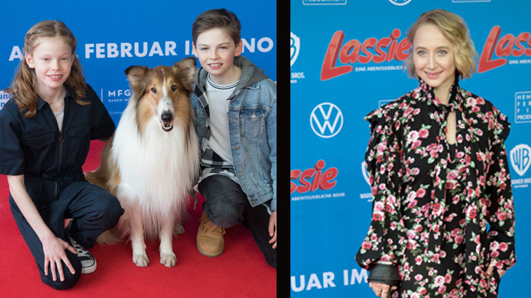 Zum Neustart des Kinofilms Lassie sind der Hund, sowie die beiden Kinder und Anna Maria Mühe zu sehen.
