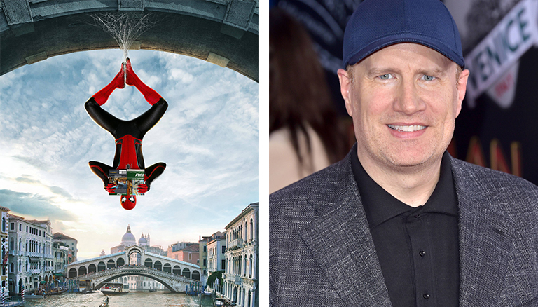 Still aus dem Spiderman-Film "Far from Home" und Porträt von Produzent Kevin Feige