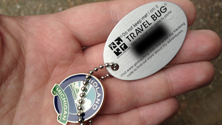 Ein Travelbug liegt in einer Hand.