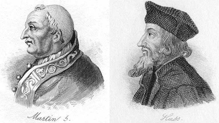 Zum Ende des Konzils in Konstanz wird Papst Martin V. berufen, der drei konkurrierende Päpste ablöst. Kirchenkritiker Jan Hus wird nach dreitägigem Verhört verbrannt.