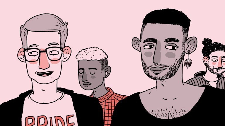 Ein schwules Paar, gezeichnet in schwarz und rose.
