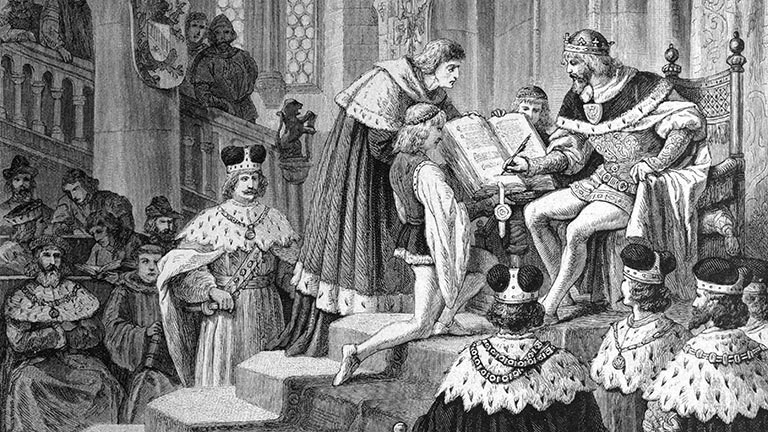 Kaiser Karl IV unterzeichnet auf dem Reichstag zu Metz 1356 die Goldene Bulle (Historische Darstellung)