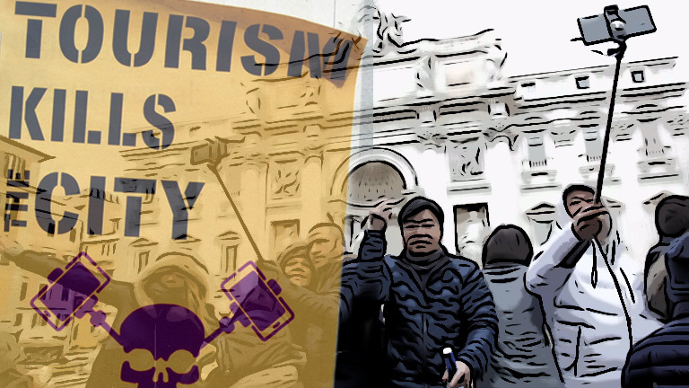 Collage: Touristen am Trevi-Brunnen in Rom,