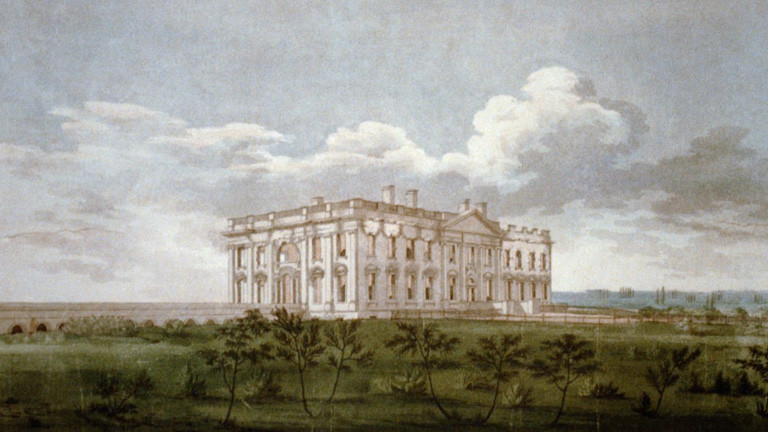 Ein Kupferstich von William Strickland (1787-1854) zeigt das Weisse Haus in Washington nach der Feuersbrunst am 24. August 1814. Der Stich befindet sich im Besitz der Library of Congress.