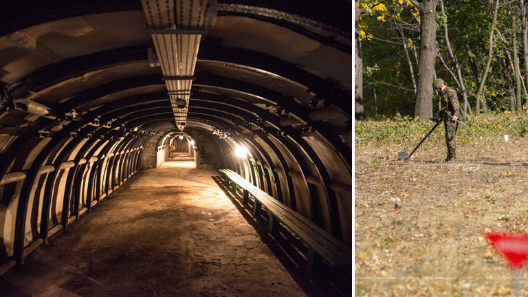 Ein alter Minentunnel in Walbrzych in Polen. Hier in der Nähe wird der Goldzug vermutet. Daneben ein Mann mit Suchgerät.