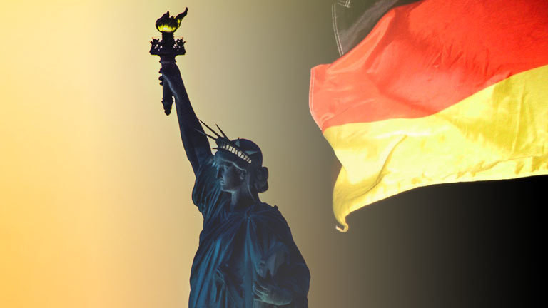 Collage: Freiheitsstatue, Deutsche Flagge