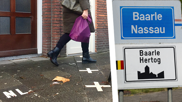 Colalge: Frau geht über Grnezmarkierung, Ortschild Baarle
