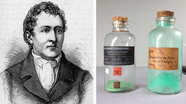 Ein Stich auf dem Carl Wilhelm Scheele zu sehen ist. Zwei Glasflaschen, die Grünpigmente enthalten. Auf der einen Flasche klebt ein Totenkopf.